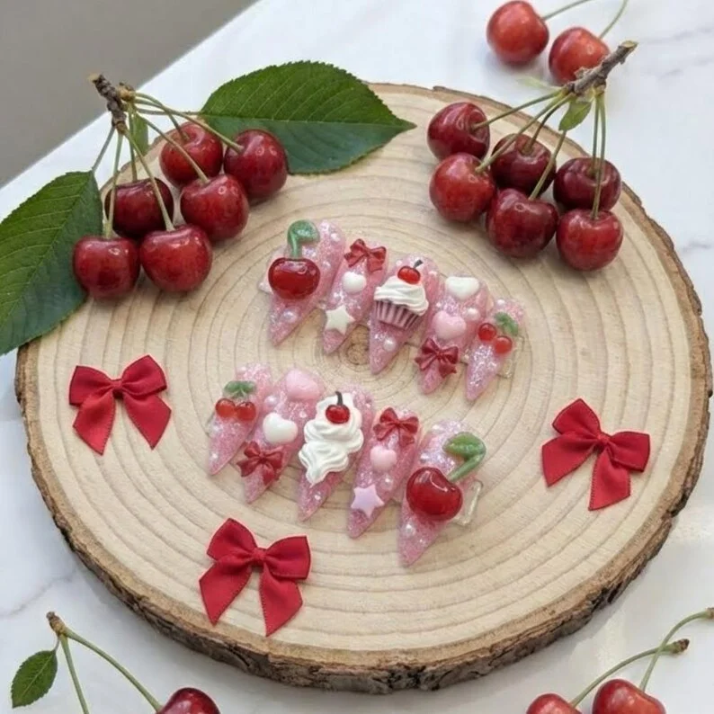 cherry cupcake nails, kawaii nail art, press on nails, custom press on nails, fake nails, Nails Art, stained glass nails, gold press on nails, 3d press on nails, luxury press on nails, handmade press on nails