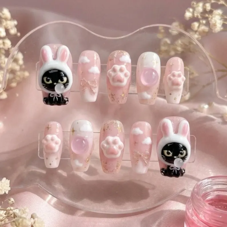 kawaii hoodie, 3D dreamy cloud, press on nails, custom press on nails, fake nails, Nails Art, stained glass nails, gold press on nails, 3d press on nails, luxury press on nails, handmade press on nails