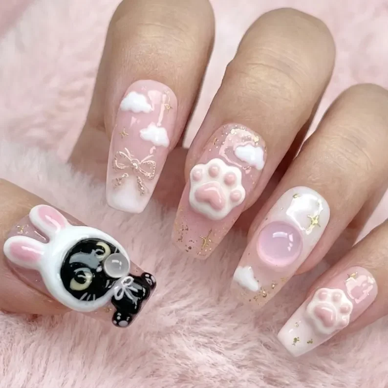 kitty press on nails, luxury pink, press on nails, custom press on nails, fake nails, Nails Art, stained glass nails, gold press on nails, 3d press on nails, luxury press on nails, handmade press on nails