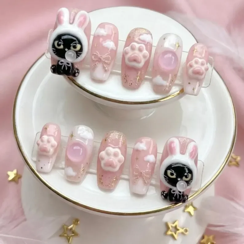pink coquette, press on nails, custom press on nails, fake nails, Nails Art, stained glass nails, gold press on nails, 3d press on nails, luxury press on nails, handmade press on nails