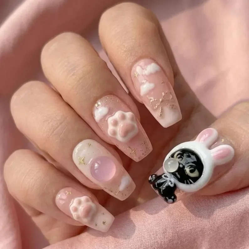 dreamy hoodie, kawaii nail art, press on nails, custom press on nails, fake nails, Nails Art, stained glass nails, gold press on nails, 3d press on nails, luxury press on nails, handmade press on nails