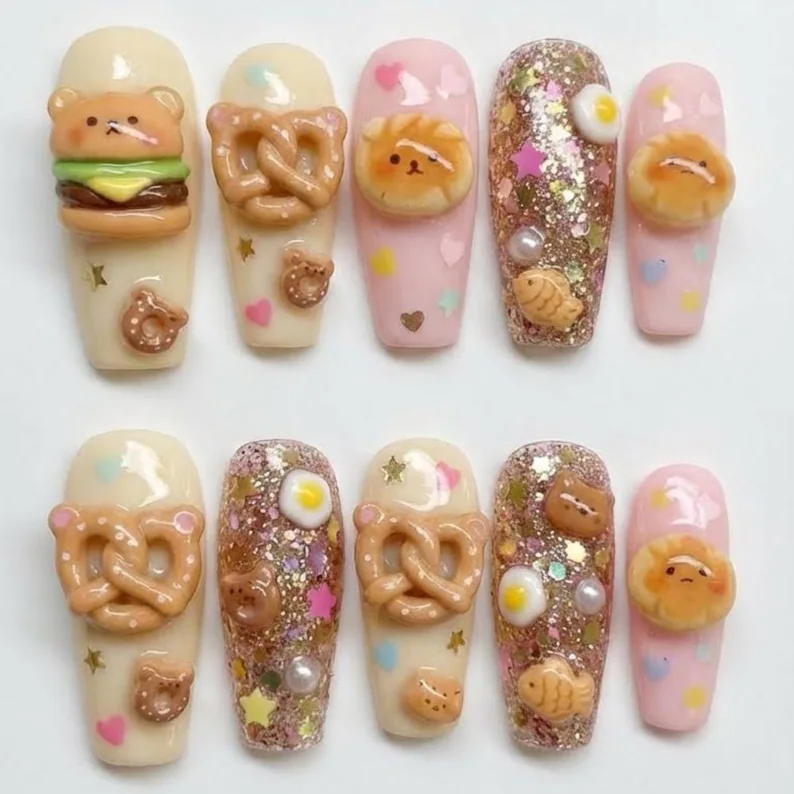 kawaii 3D nails, food press on, press on nails, custom press on nails, fake nails, Nails Art, stained glass nails, gold press on nails, 3d press on nails, luxury press on nails, handmade press on nails