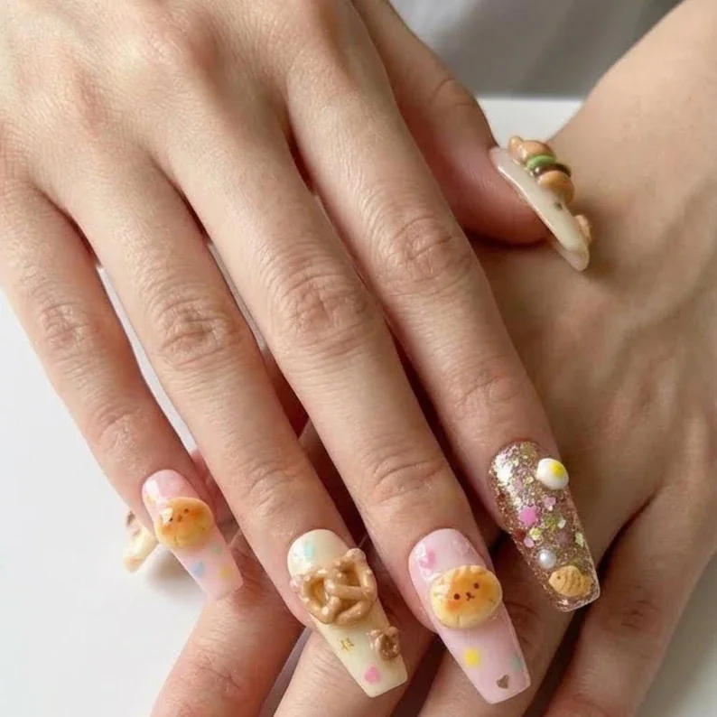decoden nails, kawaii nail set, press on nails, custom press on nails, fake nails, Nails Art, stained glass nails, gold press on nails, 3d press on nails, luxury press on nails, handmade press on nails