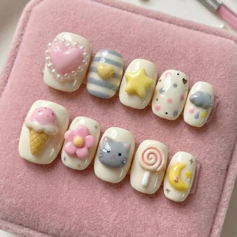kawaii 3D press on nails, pastel cat nails, press on nails, custom press on nails, fake nails, Nails Art, stained glass nails, gold press on nails, 3d press on nails, luxury press on nails, handmade press on nails