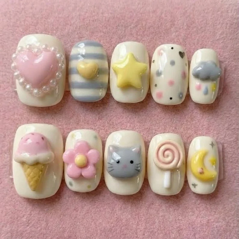 cute pastel nails, 3D kawaii nails, press on nails, custom press on nails, fake nails, Nails Art, stained glass nails, gold press on nails, 3d press on nails, luxury press on nails, handmade press on nails