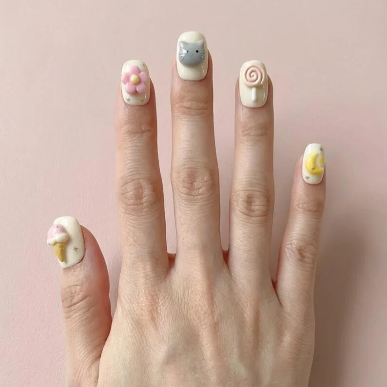 kawaii 3D press on nails, pastel cat nails, press on nails, custom press on nails, fake nails, Nails Art, stained glass nails, gold press on nails, 3d press on nails, luxury press on nails, handmade press on nails