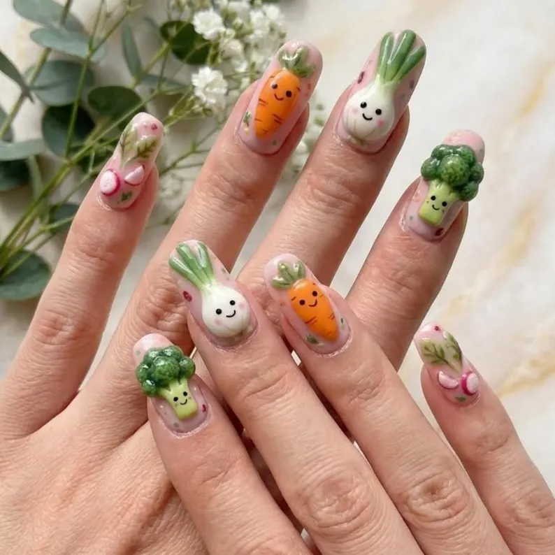 veggie garden, farm-core design, press on nails, custom press on nails, fake nails, Nails Art, stained glass nails, gold press on nails, 3d press on nails, luxury press on nails, handmade press on nails