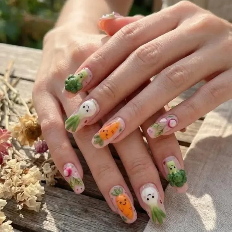 veggie garden, farm-core design, press on nails, custom press on nails, fake nails, Nails Art, stained glass nails, gold press on nails, 3d press on nails, luxury press on nails, handmade press on nails