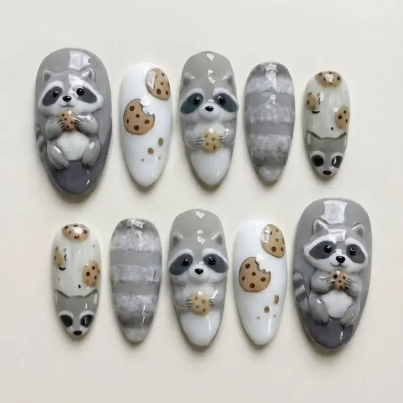 kawaii 3D nails, raccoon press on nails, press on nails, custom press on nails, fake nails, Nails Art, stained glass nails, gold press on nails, 3d press on nails, luxury press on nails, handmade press on nails