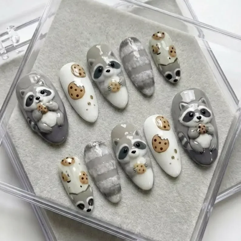 kawaii 3D nails, raccoon press on nails, press on nails, custom press on nails, fake nails, Nails Art, stained glass nails, gold press on nails, 3d press on nails, luxury press on nails, handmade press on nails