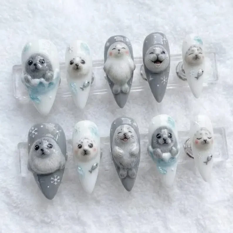 kawaii press on nails, 3D seal pup, press on nails, custom press on nails, fake nails, Nails Art, stained glass nails, gold press on nails, 3d press on nails, luxury press on nails, handmade press on nails