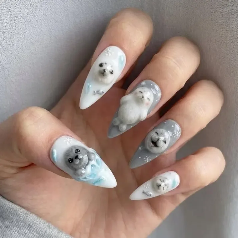 grey white nails, winter snowflake, press on nails, custom press on nails, fake nails, Nails Art, stained glass nails, gold press on nails, 3d press on nails, luxury press on nails, handmade press on nails