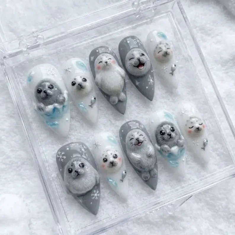 kawaii press on nails, 3D seal pup, press on nails, custom press on nails, fake nails, Nails Art, stained glass nails, gold press on nails, 3d press on nails, luxury press on nails, handmade press on nails