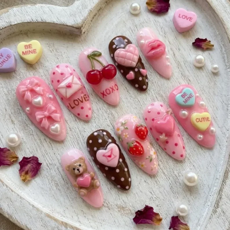 kawaii 3D nails, valentine press on, press on nails, custom press on nails, fake nails, Nails Art, stained glass nails, gold press on nails, 3d press on nails, luxury press on nails, handmade press on nails