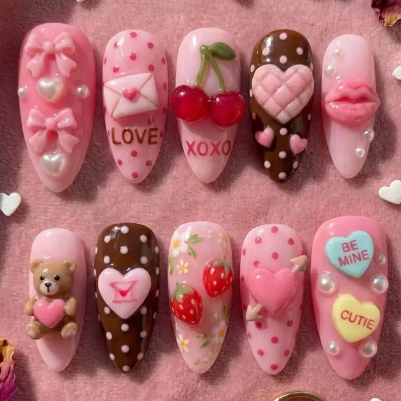luxury coquette, teddy bear nails, press on nails, custom press on nails, fake nails, Nails Art, stained glass nails, gold press on nails, 3d press on nails, luxury press on nails, handmade press on nails