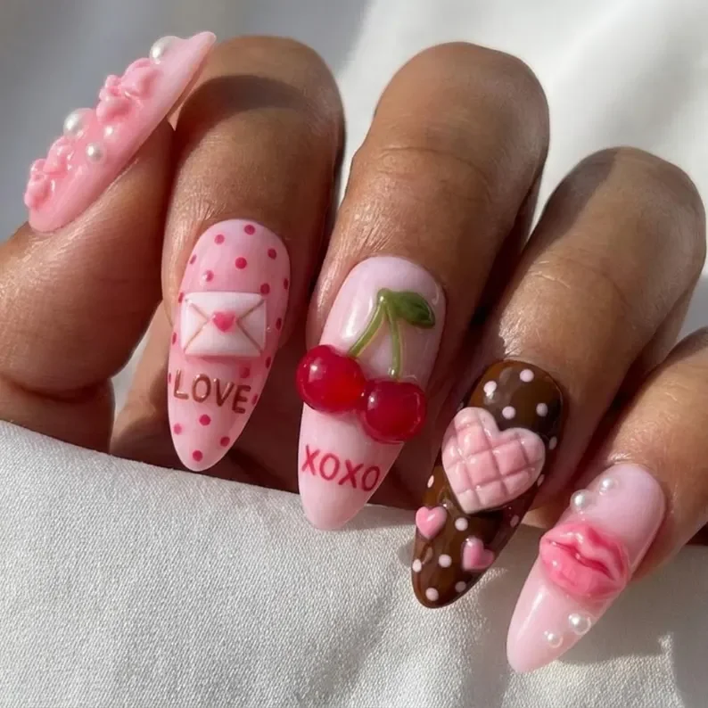 cherry nail art, press on nail set, press on nails, custom press on nails, fake nails, Nails Art, stained glass nails, gold press on nails, 3d press on nails, luxury press on nails, handmade press on nails