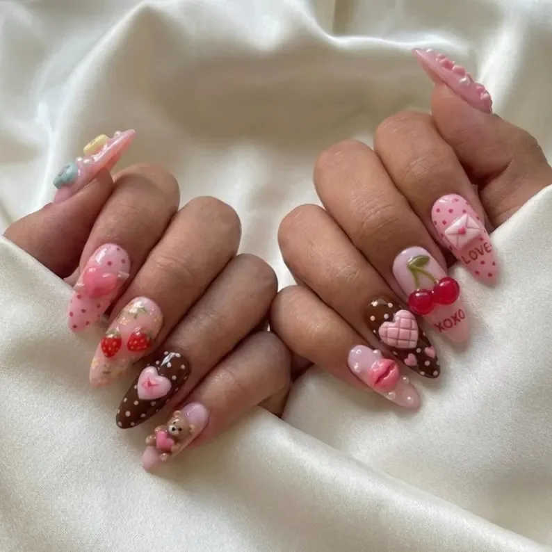 coquette nail design, 3D heart nails, press on nails, custom press on nails, fake nails, Nails Art, stained glass nails, gold press on nails, 3d press on nails, luxury press on nails, handmade press on nails