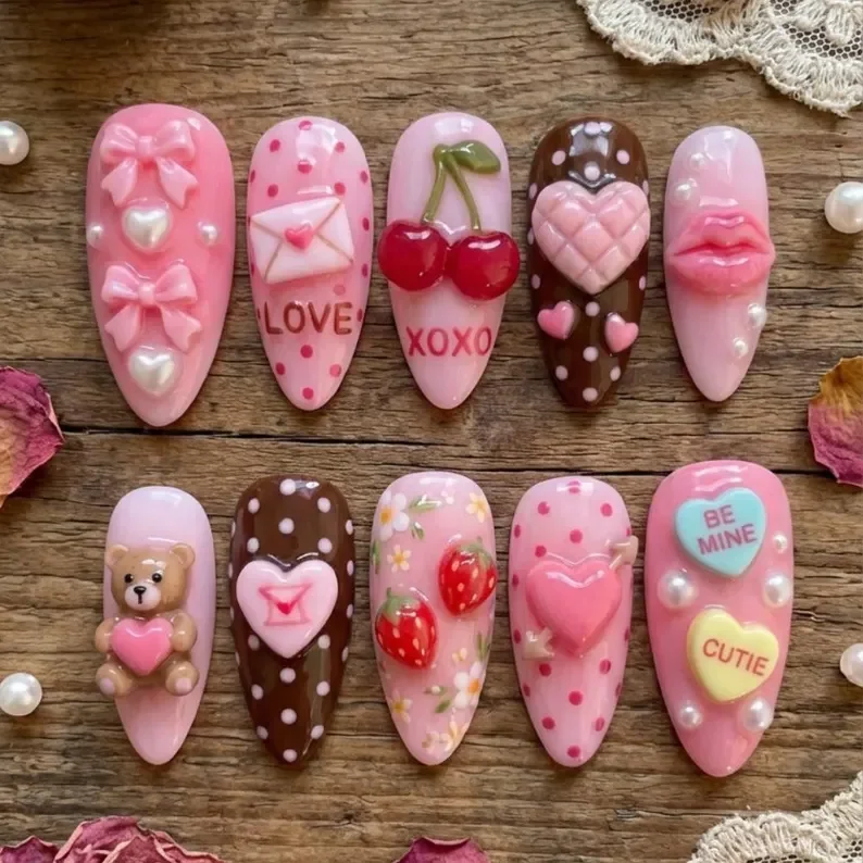 kawaii 3D nails, valentine press on, press on nails, custom press on nails, fake nails, Nails Art, stained glass nails, gold press on nails, 3d press on nails, luxury press on nails, handmade press on nails