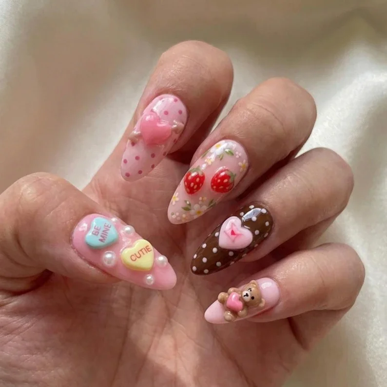 luxury coquette, teddy bear nails, press on nails, custom press on nails, fake nails, Nails Art, stained glass nails, gold press on nails, 3d press on nails, luxury press on nails, handmade press on nails