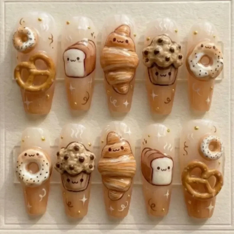 pastry nail art, kawaii nails, press on nails, custom press on nails, fake nails, Nails Art, stained glass nails, gold press on nails, 3d press on nails, luxury press on nails, handmade press on nails