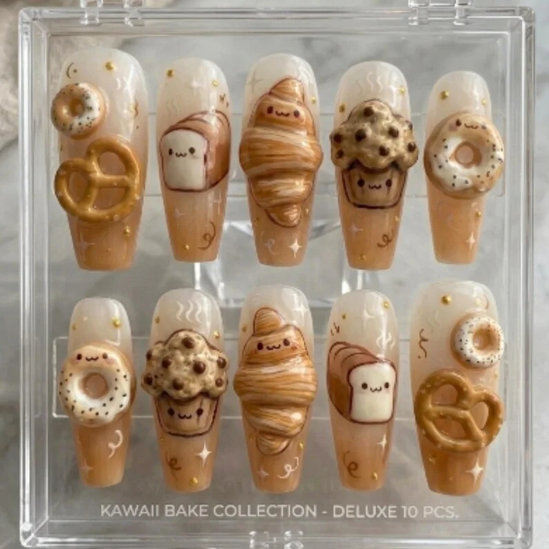 kawaii bakery, 3D press on, press on nails, custom press on nails, fake nails, Nails Art, stained glass nails, gold press on nails, 3d press on nails, luxury press on nails, handmade press on nails