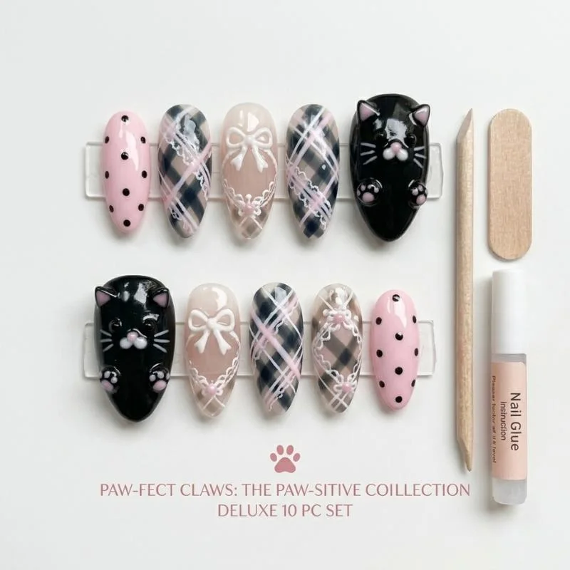 pink black coquette, goth lolita nails, press on nails, custom press on nails, fake nails, Nails Art, stained glass nails, gold press on nails, 3d press on nails, luxury press on nails, handmade press on nails