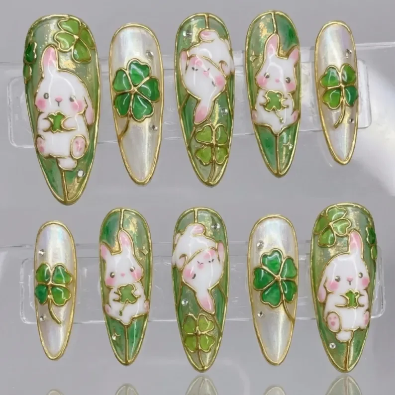 kawaii bunny nails, lucky clover nails, press on nails, custom press on nails, fake nails, Nails Art, stained glass nails, gold press on nails, 3d press on nails, luxury press on nails, handmade press on nails