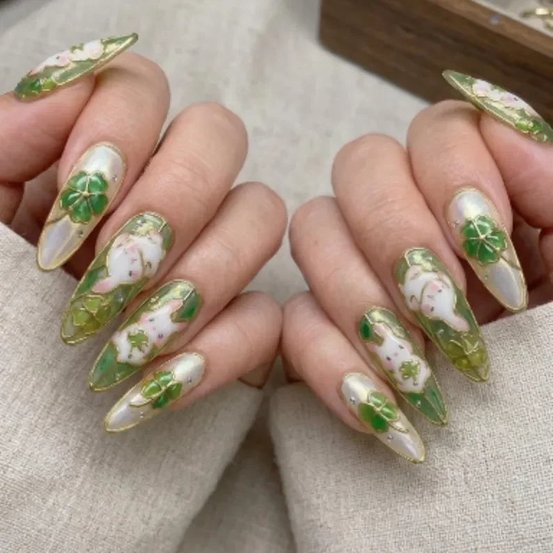 clover design, bunny nail art, press on nails, custom press on nails, fake nails, Nails Art, stained glass nails, gold press on nails, 3d press on nails, luxury press on nails, handmade press on nails