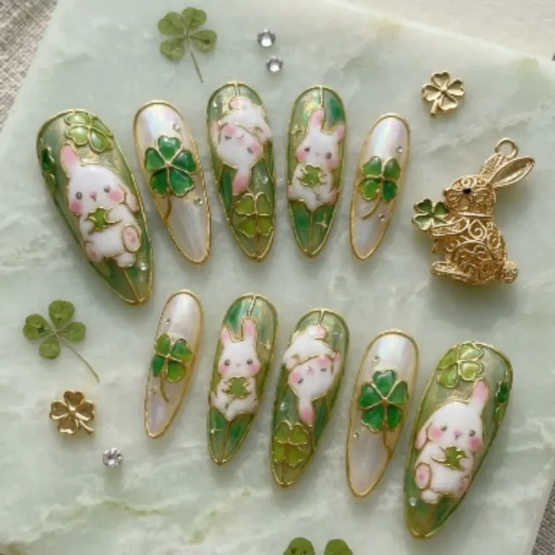kawaii bunny nails, lucky clover nails, press on nails, custom press on nails, fake nails, Nails Art, stained glass nails, gold press on nails, 3d press on nails, luxury press on nails, handmade press on nails