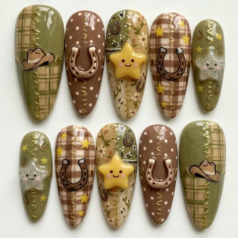 kawaii cowboy, patchwork nails, press on nails, custom press on nails, fake nails, Nails Art, stained glass nails, gold press on nails, 3d press on nails, luxury press on nails, handmade press on nails
