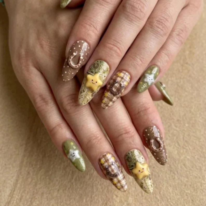 sage green nails, brown western, press on nails, custom press on nails, fake nails, Nails Art, stained glass nails, gold press on nails, 3d press on nails, luxury press on nails, handmade press on nails