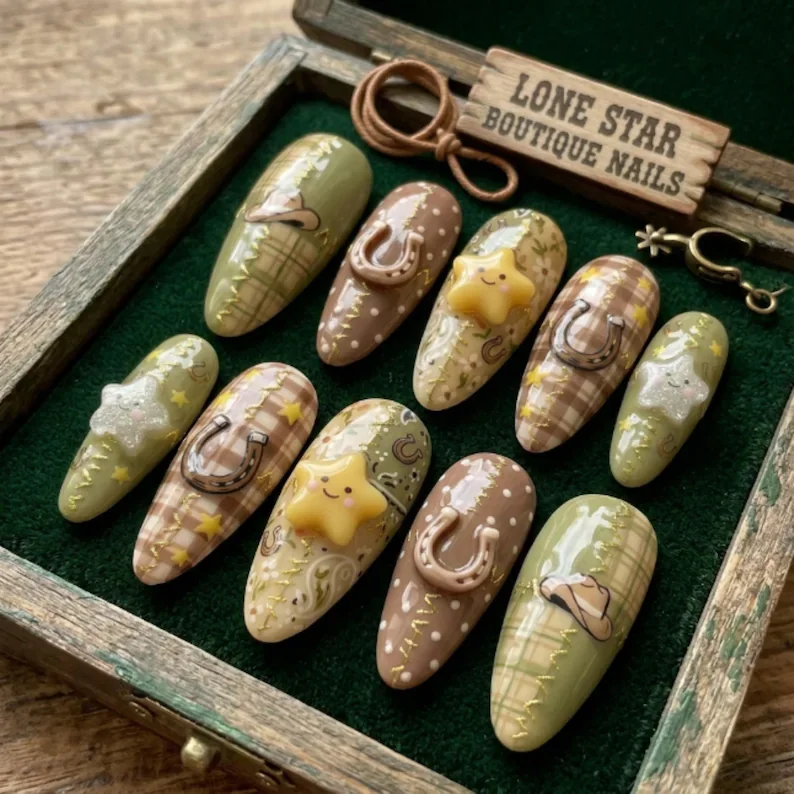 western nails, sage green brown, press on nails, custom press on nails, fake nails, Nails Art, stained glass nails, gold press on nails, 3d press on nails, luxury press on nails, handmade press on nails