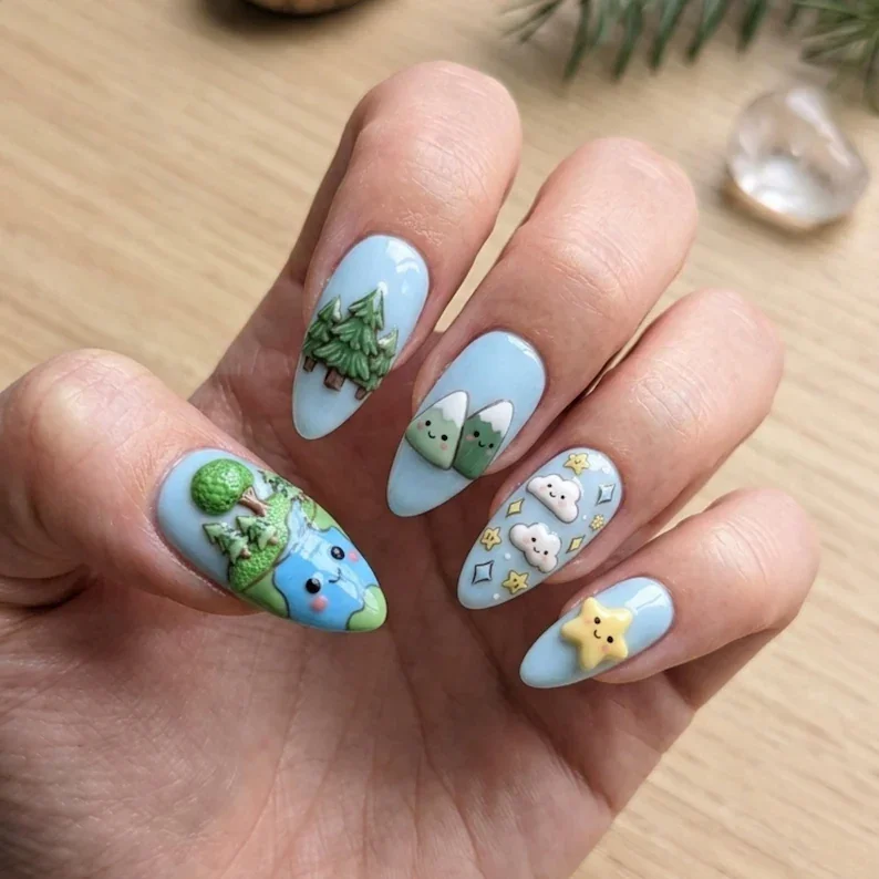 happy planet, mountain nail art, press on nails, custom press on nails, fake nails, Nails Art, stained glass nails, gold press on nails, 3d press on nails, luxury press on nails, handmade press on nails