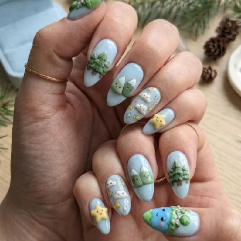 tree nail art, earth day nails, press on nails, custom press on nails, fake nails, Nails Art, stained glass nails, gold press on nails, 3d press on nails, luxury press on nails, handmade press on nails