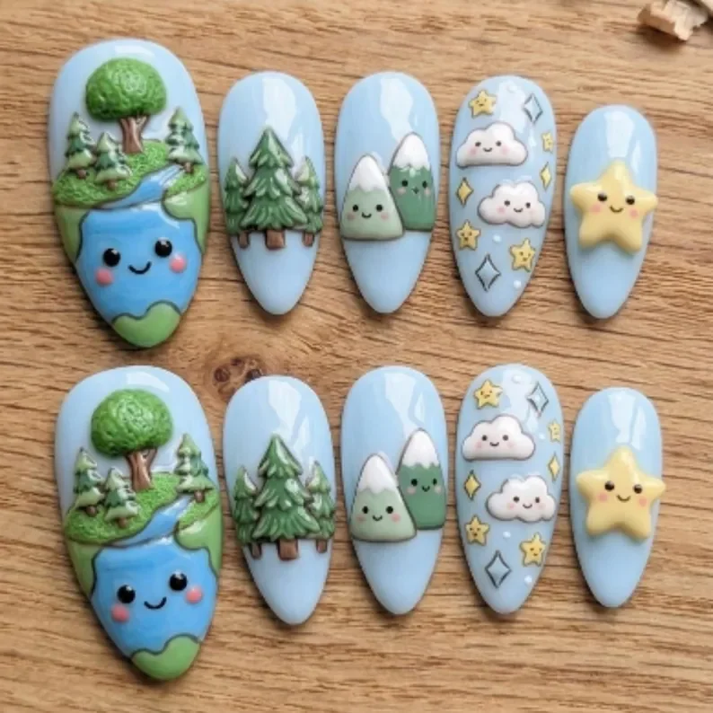 kawaii earth day, 3D sculpted nails, press on nails, custom press on nails, fake nails, Nails Art, stained glass nails, gold press on nails, 3d press on nails, luxury press on nails, handmade press on nails