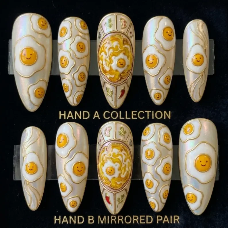 kawaii fried egg nails, press on nails, custom press on nails, fake nails, Nails Art, stained glass nails, gold press on nails, 3d press on nails, luxury press on nails, handmade press on nails