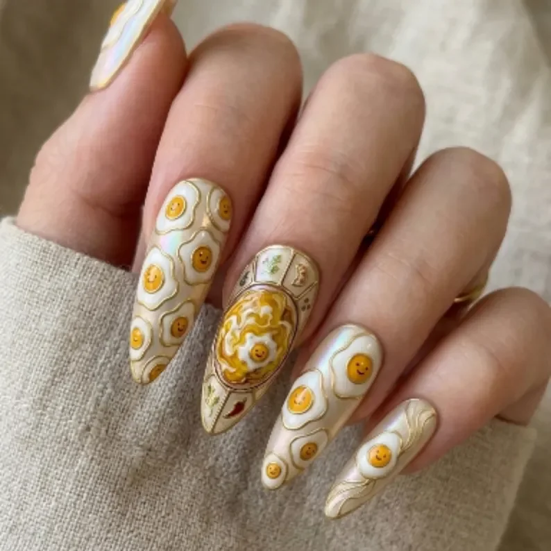 pearl foodie art, food themed nails, press on nails, custom press on nails, fake nails, Nails Art, stained glass nails, gold press on nails, 3d press on nails, luxury press on nails, handmade press on nails