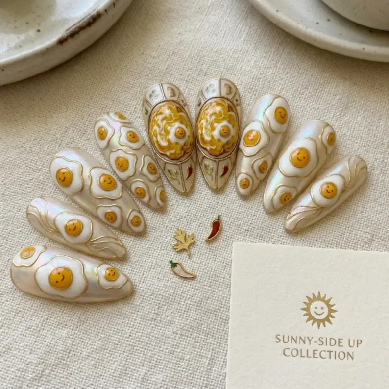 kawaii fried egg nails, press on nails, custom press on nails, fake nails, Nails Art, stained glass nails, gold press on nails, 3d press on nails, luxury press on nails, handmade press on nails