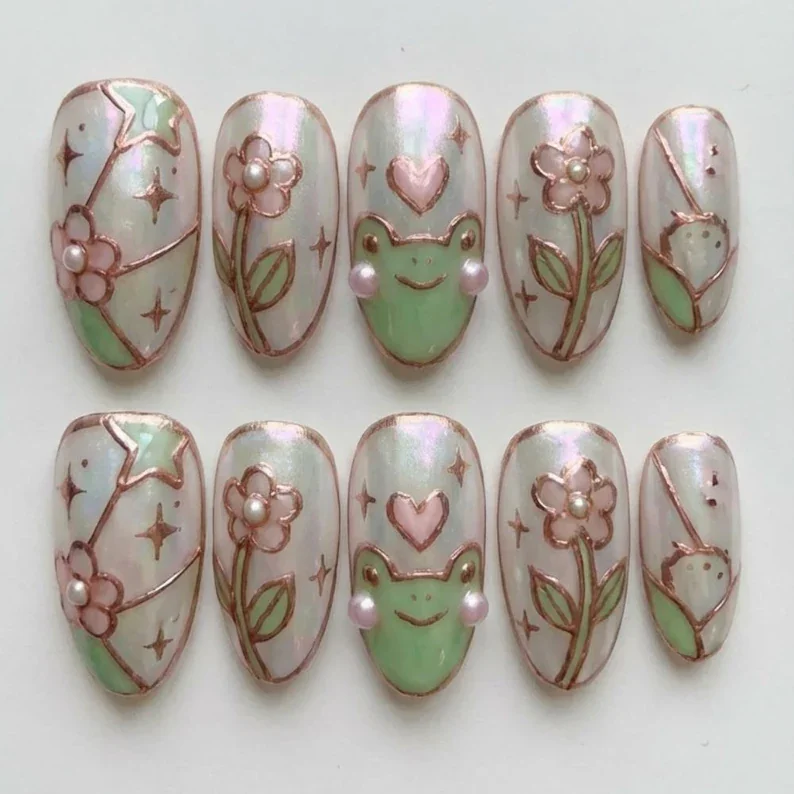 kawaii frogcore nails, luxury stained glass, press on nails, custom press on nails, fake nails, Nails Art, stained glass nails, gold press on nails, 3d press on nails, luxury press on nails, handmade press on nails