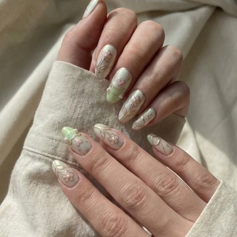 pink and sage, sage green nails, press on nails, custom press on nails, fake nails, Nails Art, stained glass nails, gold press on nails, 3d press on nails, luxury press on nails, handmade press on nails