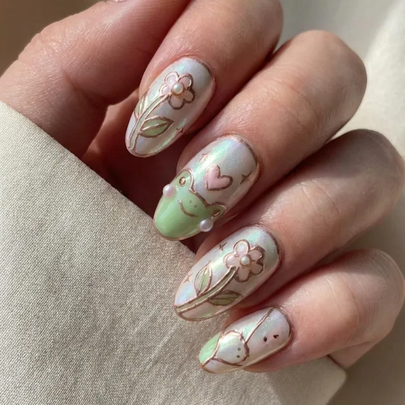 frogcore nail design, stained glass manicure, press on nails, custom press on nails, fake nails, Nails Art, stained glass nails, gold press on nails, 3d press on nails, luxury press on nails, handmade press on nails