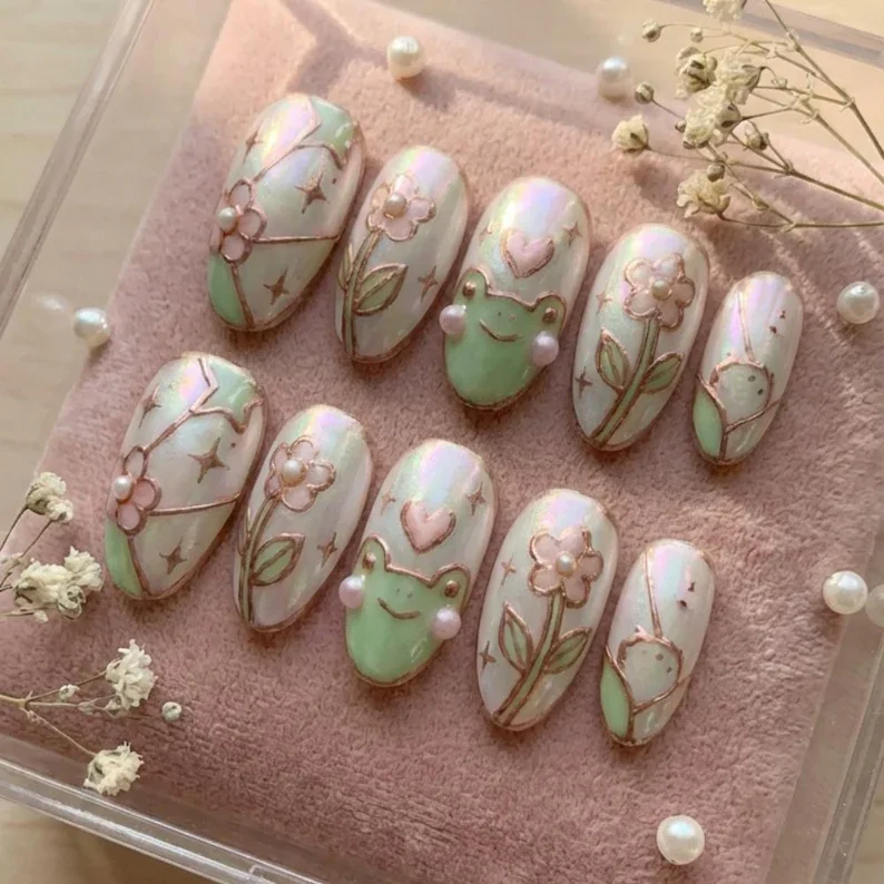 kawaii nail set, kawaii frogcore nails, press on nails, custom press on nails, fake nails, Nails Art, stained glass nails, gold press on nails, 3d press on nails, luxury press on nails, handmade press on nails