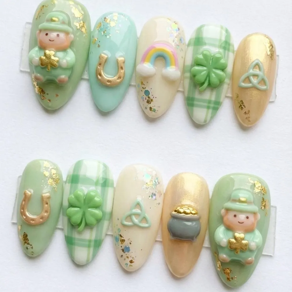kawaii leprechaun, press on nails, custom press on nails, fake nails, Nails Art, stained glass nails, gold press on nails, 3d press on nails, luxury press on nails, handmade press on nails