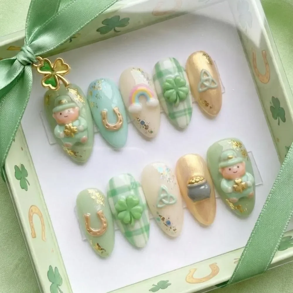shamrock nail art, 3D nail art, press on nails, custom press on nails, fake nails, Nails Art, stained glass nails, gold press on nails, 3d press on nails, luxury press on nails, handmade press on nails