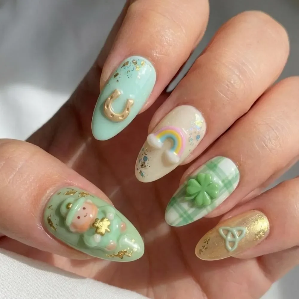leprechaun nails, Irish nail design, press on nails, custom press on nails, fake nails, Nails Art, stained glass nails, gold press on nails, 3d press on nails, luxury press on nails, handmade press on nails
