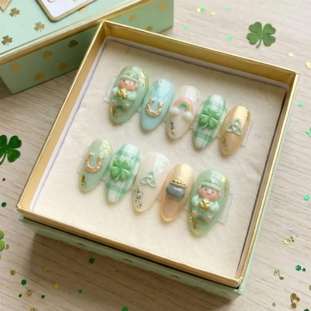 St Patrick's nails, kawaii nail art, press on nails, custom press on nails, fake nails, Nails Art, stained glass nails, gold press on nails, 3d press on nails, luxury press on nails, handmade press on nails