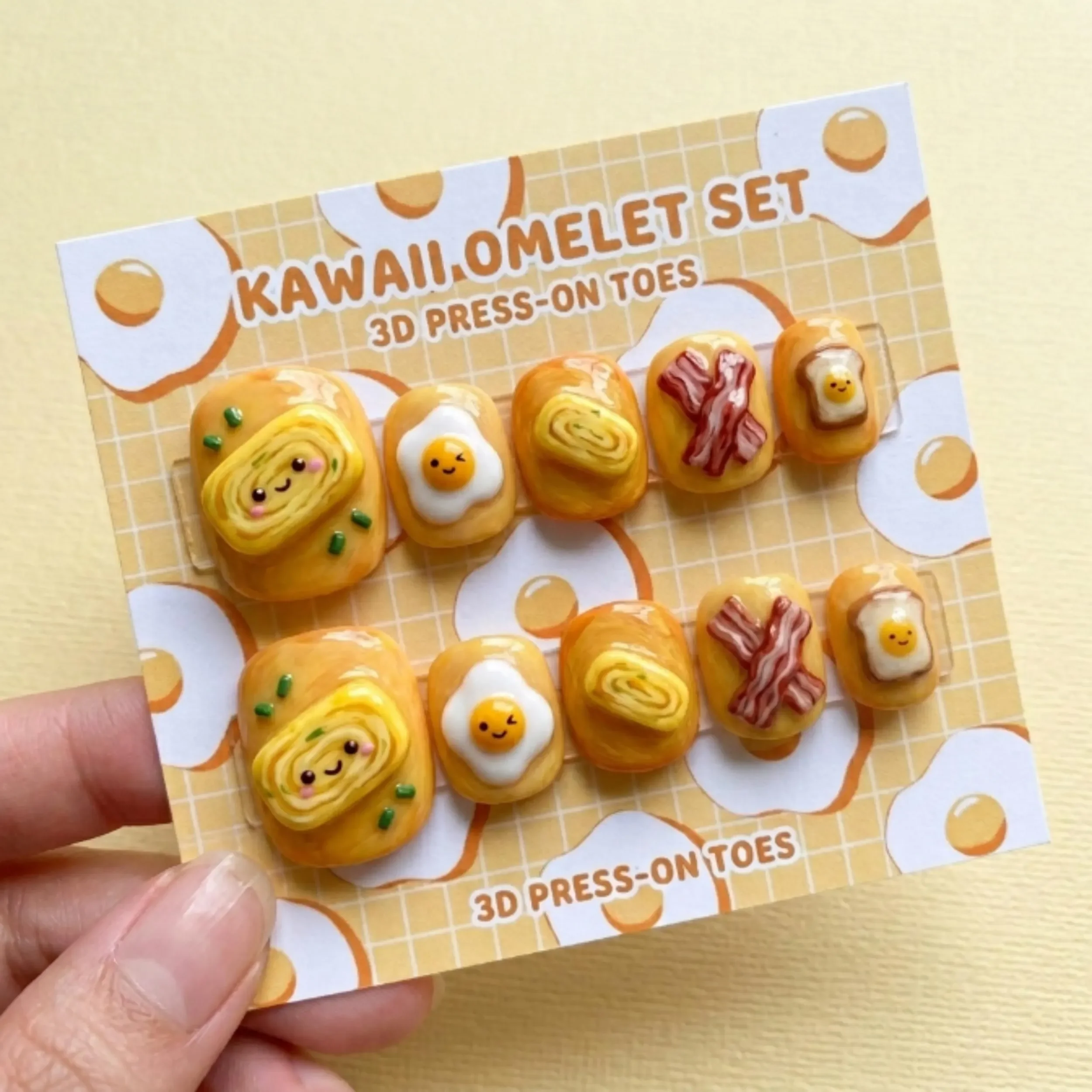 kawaii omelet set, hand-painted 3D, press on nails, custom press on nails, fake nails, Nails Art, stained glass nails, gold press on nails, 3d press on nails, luxury press on nails, handmade press on nails