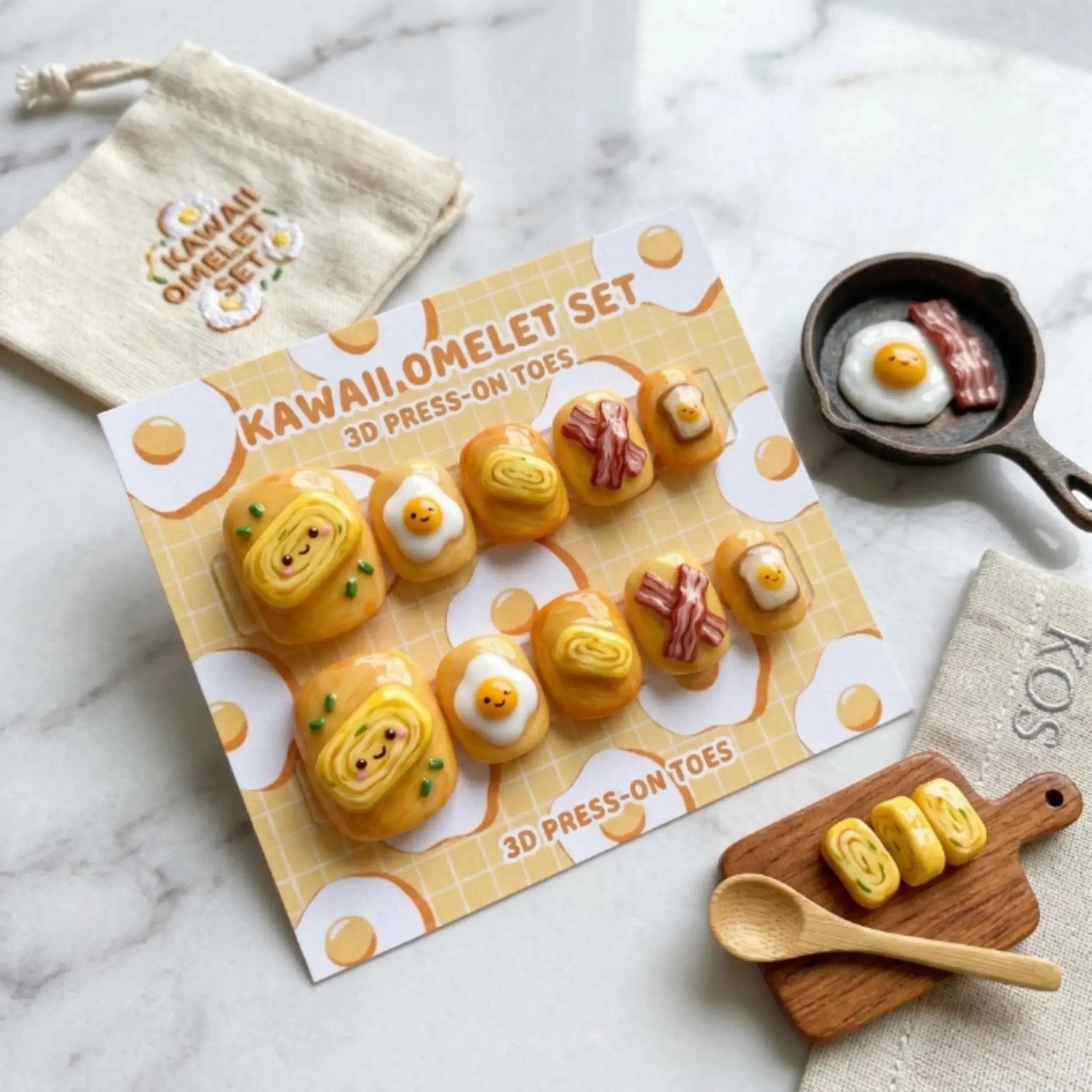 kawaii omelet set, hand-painted 3D, press on nails, custom press on nails, fake nails, Nails Art, stained glass nails, gold press on nails, 3d press on nails, luxury press on nails, handmade press on nails