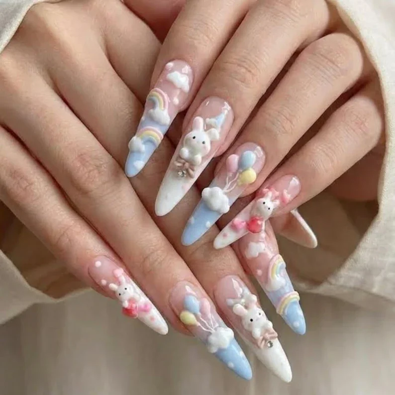 kawaii pastel, birthday bunny, press on nails, custom press on nails, fake nails, Nails Art, stained glass nails, gold press on nails, 3d press on nails, luxury press on nails, handmade press on nails