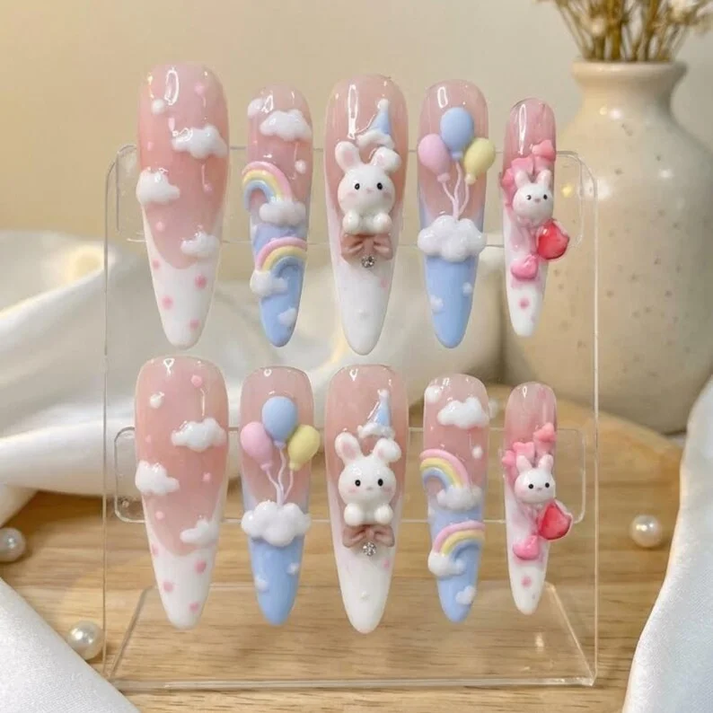 press on nails, 3D rainbow cloud, custom press on nails, fake nails, Nails Art, stained glass nails, gold press on nails, 3d press on nails, luxury press on nails, handmade press on nails